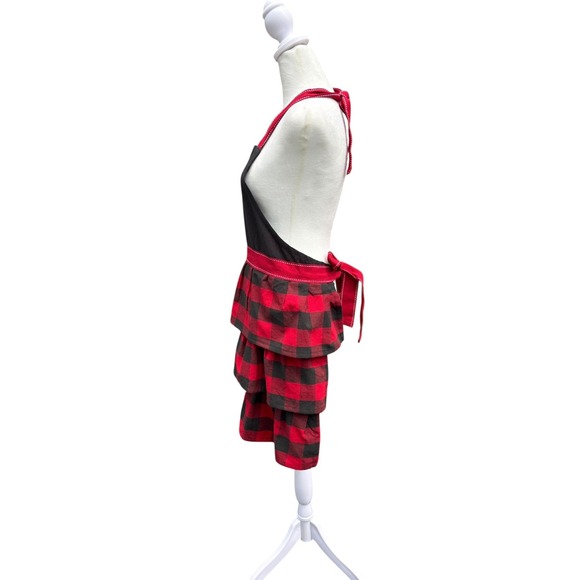 Red Plaid Christmas Holiday Apron with Embroidered Reindeer St. Nicholas Square‎ - Picture 4 of 6